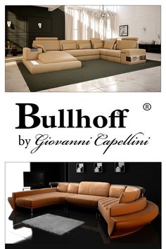 an advertisement for a modern living room with leather furniture