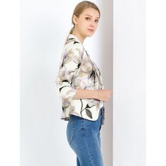 Create a modern sleek look even at the office with this stunning cropped blazer jacket. This smart collarless blazer features an angled hem which is shorter in the back for a fashionably cool look. An open-front design for showing your amazing top inside. The jacket offers a versatile piece for effortless layering looks. Pair it with jeans and sneakers for a casual look. Filled with contemporary takes on classic summer prints, great for office and causal wear, both professional and fashionable. Spring Office Lady Party Outerwear, Chic Cropped Blazer For Office Wear, Chic Spring Office Blazer, Spring Cropped Blazer For Workwear, Tailored Spring Blazer For Office, Tailored Cropped Jacket For Spring Parties, Spring Office Lady Blazer For Party, Spring Party Cropped Jacket With Notch Lapel, Spring Party Blazer In Office Style