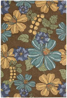 a brown rug with blue, yellow and green flowers on the front is shown in this image