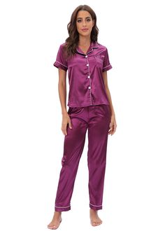 F00142759-202 Solid Color Home Sets, Purple Summer Sleepwear Sets, Purple Short Sleeve Loungewear Sets, Fitted Purple Loungewear Sets, Satin Pattern, Satin Suit, Bright Color Dresses, Pyjama Satin, Pyjamas Womens