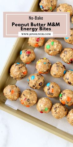 no bake peanut butter m & m energy bites in a baking tray with the title overlay