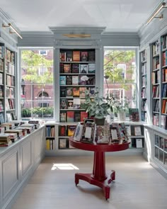 a room filled with lots of books and a table in front of two large windows