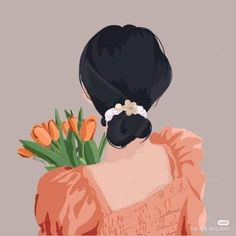 an illustration of a woman with flowers in her hair looking at the back of her head