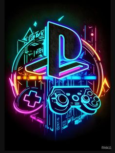 the playstation logo is lit up in neon colors