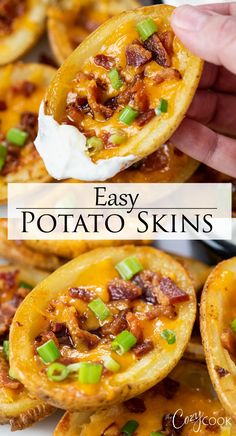 easy potato skins with bacon, cheese and green onions in the middle on a white plate