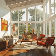 a living room filled with furniture and lots of large windows next to a wooden floor