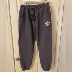 White Fox Boutique Offstage Sweatpants Size Xl -New With Tags -Never Been Worn -Volcanic Color: Grey With Lilac Puffy Letters Whitefox Boutique Outfit, White Fox Pants, White Fox Sweatpants, White Fox Set, Pink Sweatpants Outfit, Puffy Letters, 2025 Wishlist, Light Blue Sweatpants, Colored Sweatpants