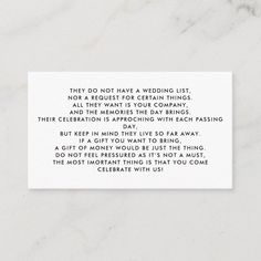 a white business card with the words, they do not have a wedding list