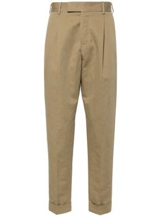 khaki cotton-linen blend twill weave mid-rise pleat detailing belt loops concealed front button, hook and zip fastening two side inset pockets two rear button-fastening pockets tapered leg with turn-up hem Spring Tapered Pants With Belt Loops, Khaki Belted Workwear Bottoms, Khaki Belted Bottoms For Work, Khaki Chinos With Belt Loops Straight Fit, Khaki Chinos With Belt Loops, Khaki High-waisted Chinos For Work, High-waisted Khaki Chinos For Work, Workwear Khaki Chinos With Welt Pockets, Khaki Chinos Trousers For Work