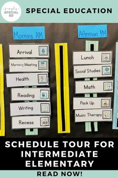 a bulletin board with the words schedule tour for an elementary reading program, and four yellow dividers