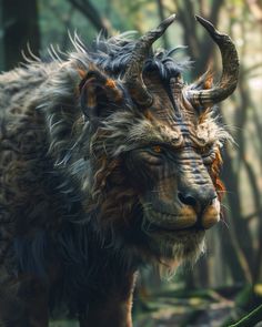 an animal with horns standing in the woods