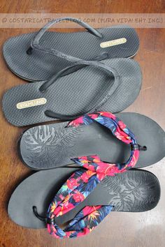 four pairs of women's flip flops on a wooden floor with text overlay