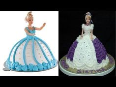 two cakes decorated with barbie dolls, one in blue and the other in white are shown