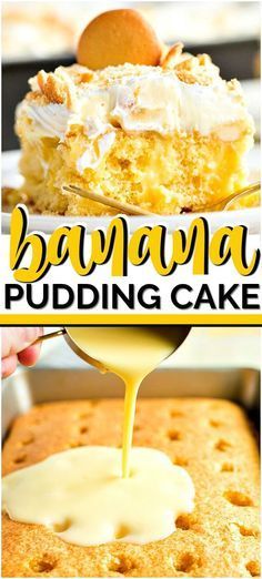 banana pudding cake is being drizzled with icing