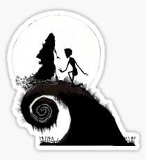 a sticker depicting the silhouettes of two people holding hands in front of a full moon