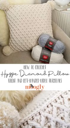 a white couch covered in pillows and blankets with text overlay that says how to crochet hygge diamond pillow