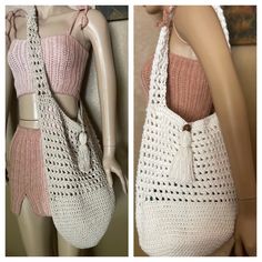 two pictures of a crocheted purse on a mannequin