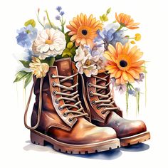 a pair of boots with flowers in them