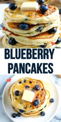 pancakes with blueberries and butter are stacked on top of each other in front of the words, blueberry pancakes