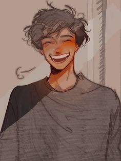 a drawing of a smiling man with his hair blowing in the wind and wearing a gray shirt