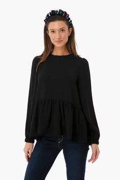 Black Carlota Peplum Blouse | Do+Be Long Sleeve Peplum Top, Sewing Tops, Chain Scarf, Tennis Tops, Scarf Poncho, Fancy Party, Peplum Blouse, Peplum Hem, Monogram Styles