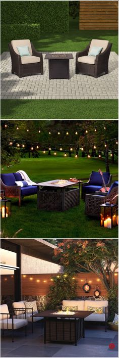 an outdoor patio with furniture and lighting is shown in three different views, including the fire pit