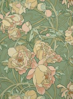 an ornate wallpaper with flowers and leaves in green, pink and yellow colors on a light green background