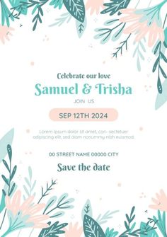 a wedding card with flowers and leaves on the front, in pastel blue and pink colors