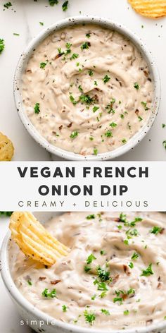 two bowls filled with vegan french onion dip