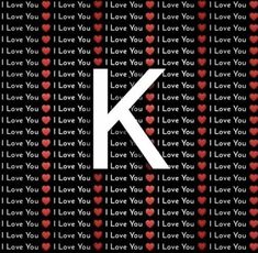 the letter k is surrounded by hearts and letters that spell i love you in white on black