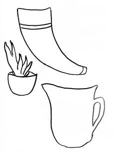 a black and white drawing of a coffee cup with a plant in the mug next to it