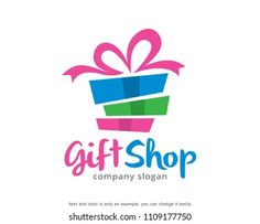 a gift shop logo with a pink bow and green box on the top, surrounded by colorful ribbons