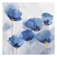 some blue flowers on a white background with watercolor paint and gold trimmings