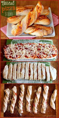 several different types of breads and pizza sticks