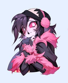 an anime character with black hair and pink eyes