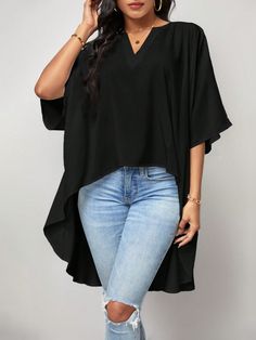 Black Casual Collar Three Quarter Length Sleeve Woven Fabric Plain Top Embellished Non-Stretch  Women Clothing Batwing Top Outfit, Trendy Batwing Sleeve T-shirt For Fall, Black Batwing Sleeve Tops For Layering, Trendy Black Top With Batwing Sleeves, Cheap Summer T-shirt With Batwing Sleeves, Casual T-shirt With Batwing Sleeve And Relaxed Fit, Batwing Top, Hem Blouse, Style Goals