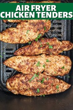 air fryer chicken tenders on the grill with text overlay