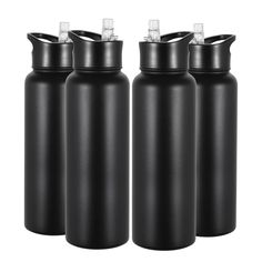 three black water bottles sitting next to each other