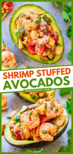 Shrimp Stuffed Avocados, spring, quick and easy 30 minute meals, simple dinner recipes Shrimp Stuffed Tomatoes, Avacacado Recipes, Shrimp Stuffed Avocado, Stuffed Avocado Recipes, Shrimp Avocado Recipes, Avacado Dressing, Avocado Boats, Avocado Cups, Mexican Shrimp Cocktail