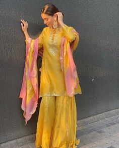 Buy Indian Pakistani Yellow Haldi Gharara Palazo Gota Work Kurta Online in India - Etsy Haldi Gharara, Yellow Dress For Haldi Function, Dress For Haldi Function, Wedding Gharara, Haldi Dress Ideas, Yellow Sharara, Mayon Dresses, Haldi Dress, Mehndi Outfit