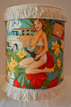 Retro / Rockabilly  Tropical 1940-1950 PIN-UP GIRL  Fabric Lamp Shade,  White fringe trim Drum Shade 8X8 on Etsy, £24.25 Pinup Decor, Bedroom Upgrades, Fabric Lamp Shade, Retro Tropical, Fabric Lamp, Bedroom Upgrade, Bedroom Beautiful, Vintage Tiki, White Fringe