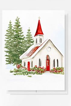 a watercolor painting of a church in the snow with red roof and bell tower