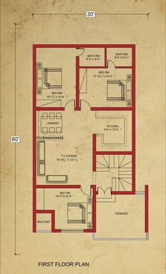 the first floor plan for a house with two floors and one bedroom on each side