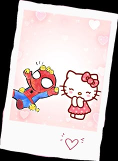 an image of hello kitty and her cat friend in the air with hearts around them