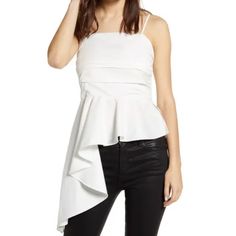 Length: Longest Side- 35”, Shortest Side- 22”. Bust Area Across Front- 16 1/2”. Waist Across Front- 14”. Elegant Asymmetrical Top With Ruffles, Elegant Asymmetrical Ruffled Tops, Elegant Top With Ruffle Hem For Date Night, White Party Top With Ruffle Hem, White Ruffle Hem Top For Party, White Top With Ruffle Hem For Party, Chic Asymmetrical Hem Blouse With Ruffles, Summer Blouse With Ruffles And Asymmetrical Hem, Chic Blouse With Ruffles And Asymmetrical Hem