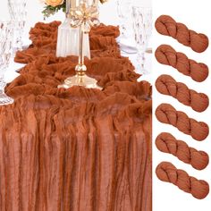 the table is covered with brown ruffled linens