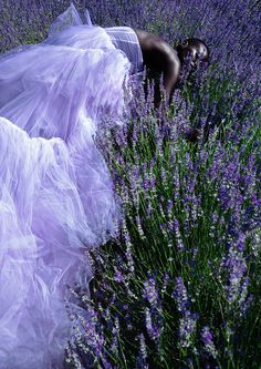 a woman in a long purple dress standing next to a field full of lavender flowers