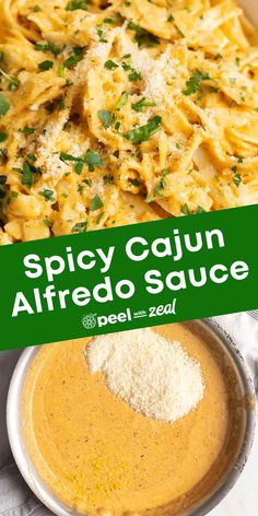 a bowl filled with pasta and sauce next to a green sign that says spicy cajun alfredo sauce