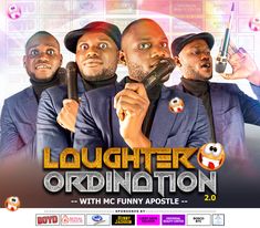 the poster for laughter ordination with mc funny apostle