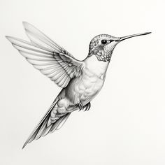 a black and white drawing of a hummingbird flying in the air with its wings spread